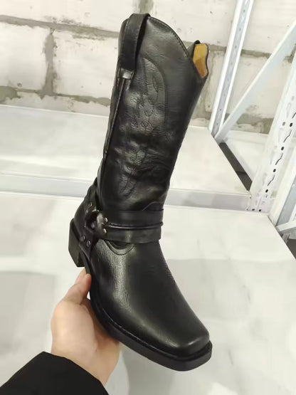2026 New Western Cowboy Boots Black Brown Faux Leather Winter Shoes Retro Men Boots Embroidered Men Mid-calf Boots Size 48 Botas - CB017