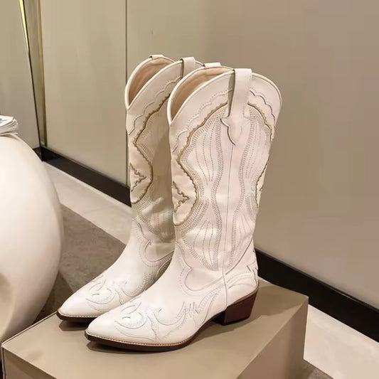 Autumn Embroidered Western Cowboy Boots new Square Heels Pointed Shoes Casual Fashion Long Boots Comfortable Waterproof Shoes - CB040