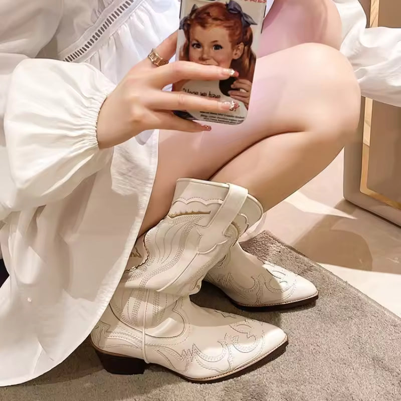 Autumn Embroidered Western Cowboy Boots new Square Heels Pointed Shoes Casual Fashion Long Boots Comfortable Waterproof Shoes - CB040