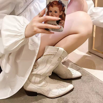 Autumn Embroidered Western Cowboy Boots new Square Heels Pointed Shoes Casual Fashion Long Boots Comfortable Waterproof Shoes - CB040