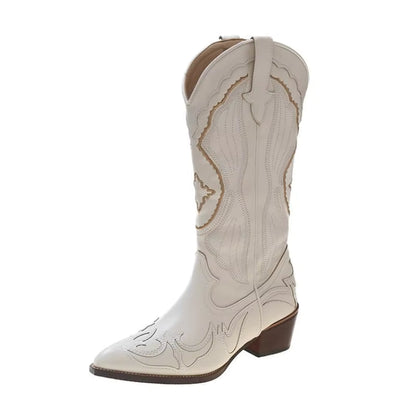 Autumn Embroidered Western Cowboy Boots new Square Heels Pointed Shoes Casual Fashion Long Boots Comfortable Waterproof Shoes - CB040