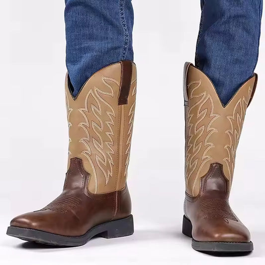 Autumn Winter Classic High Cut Embroidered Retro Western Cowboy Boots Men Mid-Calf Boots Outdoor Leather Boots Large Size 48 - CB021
