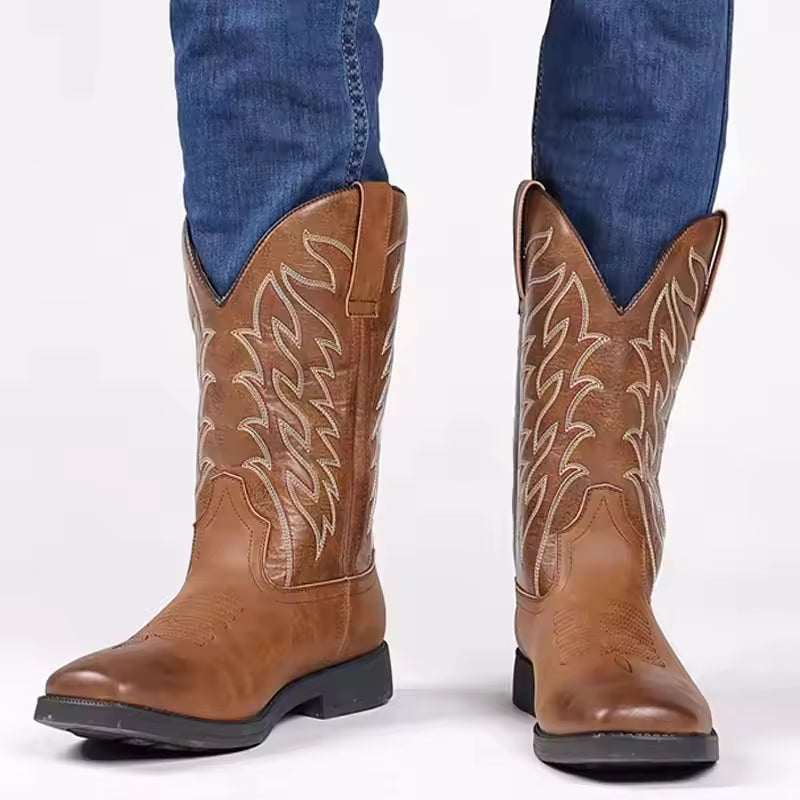 Autumn Winter Classic High Cut Embroidered Retro Western Cowboy Boots Men Mid-Calf Boots Outdoor Leather Boots Large Size 48 - CB021