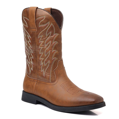 Autumn Winter Classic High Cut Embroidered Retro Western Cowboy Boots Men Mid-Calf Boots Outdoor Leather Boots Large Size 48 - CB021