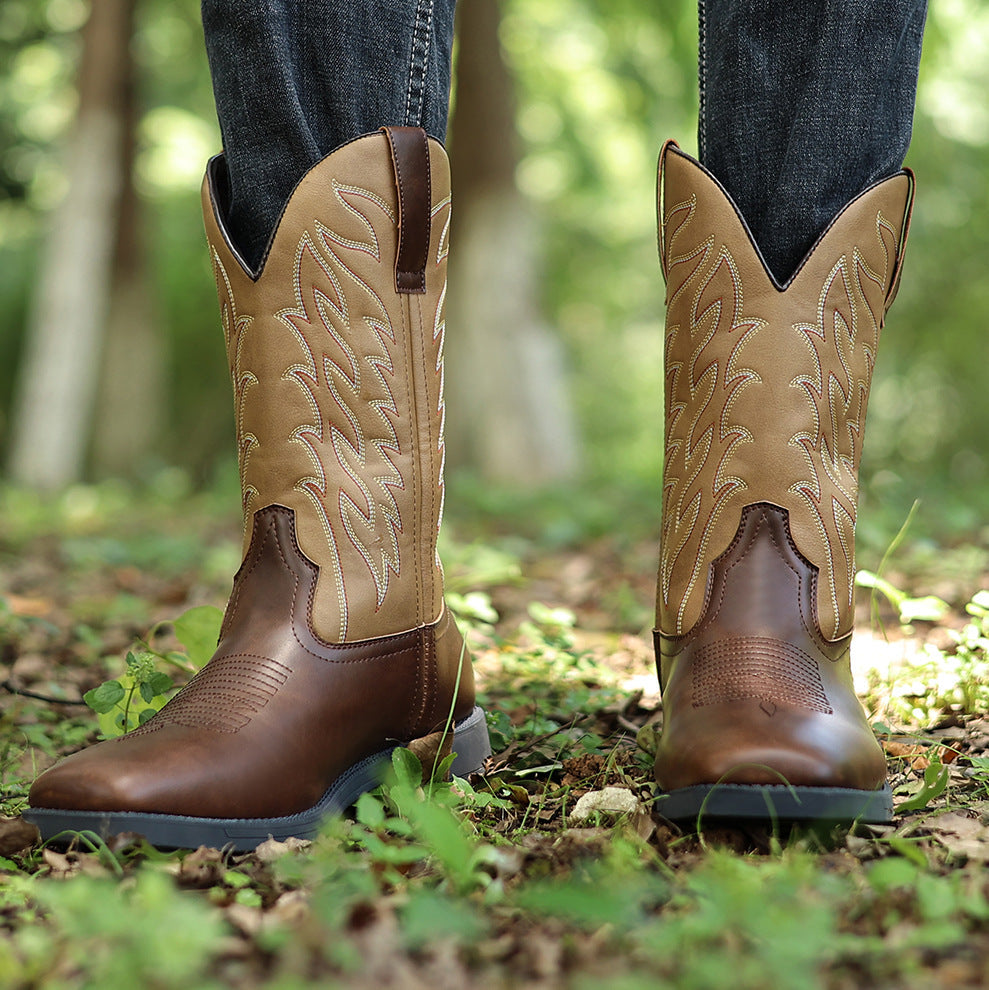 Autumn Winter Classic High Cut Embroidered Retro Western Cowboy Boots Men Mid-Calf Boots Outdoor Leather Boots Large Size 48 - CB021