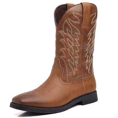 Autumn Winter Classic High Cut Embroidered Retro Western Cowboy Boots Men Mid-Calf Boots Outdoor Leather Boots Large Size 48 - CB021