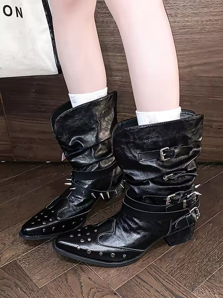 Black Pleated Western Cowboy Boots Women's 2025 New Spring Autumn Single Boot V-notch Rivet Pointed Toe High Heel - CB053