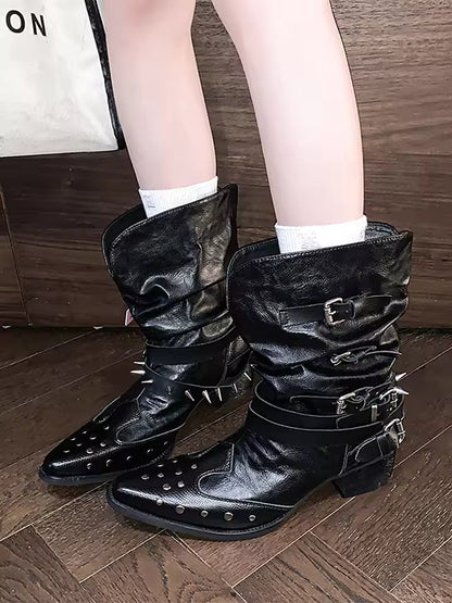 Black Pleated Western Cowboy Boots Women's 2025 New Spring Autumn Single Boot V-notch Rivet Pointed Toe High Heel - CB053