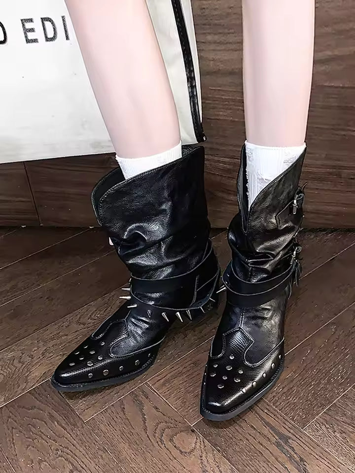 Black Pleated Western Cowboy Boots Women's 2025 New Spring Autumn Single Boot V-notch Rivet Pointed Toe High Heel - CB053