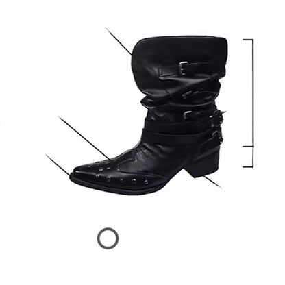 Black Pleated Western Cowboy Boots Women's 2025 New Spring Autumn Single Boot V-notch Rivet Pointed Toe High Heel - CB053