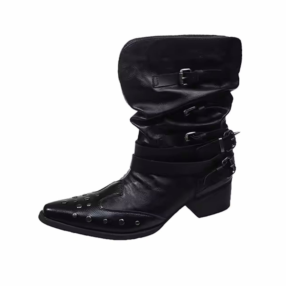 Black Pleated Western Cowboy Boots Women's 2025 New Spring Autumn Single Boot V-notch Rivet Pointed Toe High Heel - CB053