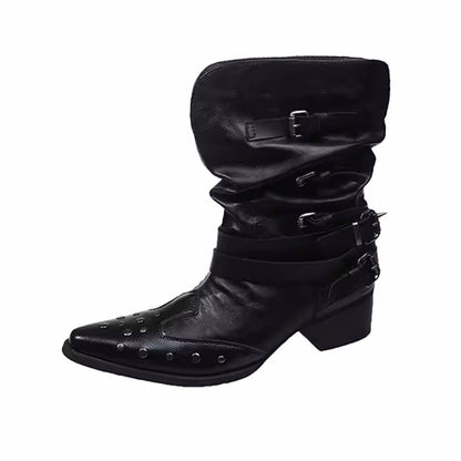 Black Pleated Western Cowboy Boots Women's 2025 New Spring Autumn Single Boot V-notch Rivet Pointed Toe High Heel - CB053