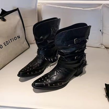Black Pleated Western Cowboy Boots Women's 2025 New Spring Autumn Single Boot V-notch Rivet Pointed Toe High Heel - CB053