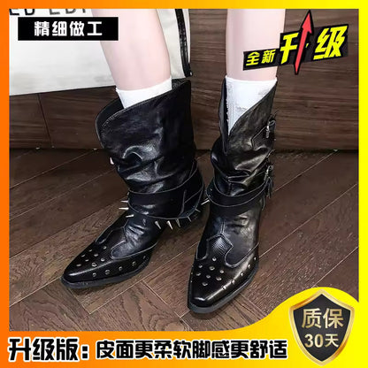 Black Pleated Western Cowboy Boots Women's 2025 New Spring Autumn Single Boot V-notch Rivet Pointed Toe High Heel - CB053