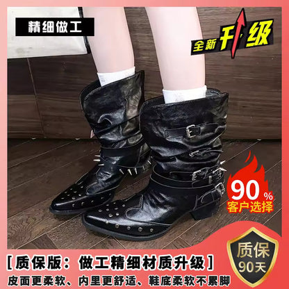 Black Pleated Western Cowboy Boots Women's 2025 New Spring Autumn Single Boot V-notch Rivet Pointed Toe High Heel - CB053
