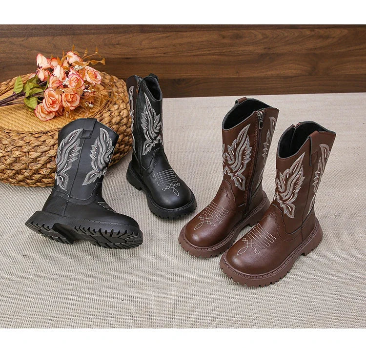 Children Leather Boots Classic Cowboy Embroidery Girls Long Booties Kids Winter Round Toe Soft Snow Shoes Fashion Snow Boots - CB072