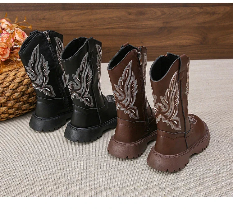 Children Leather Boots Classic Cowboy Embroidery Girls Long Booties Kids Winter Round Toe Soft Snow Shoes Fashion Snow Boots - CB072