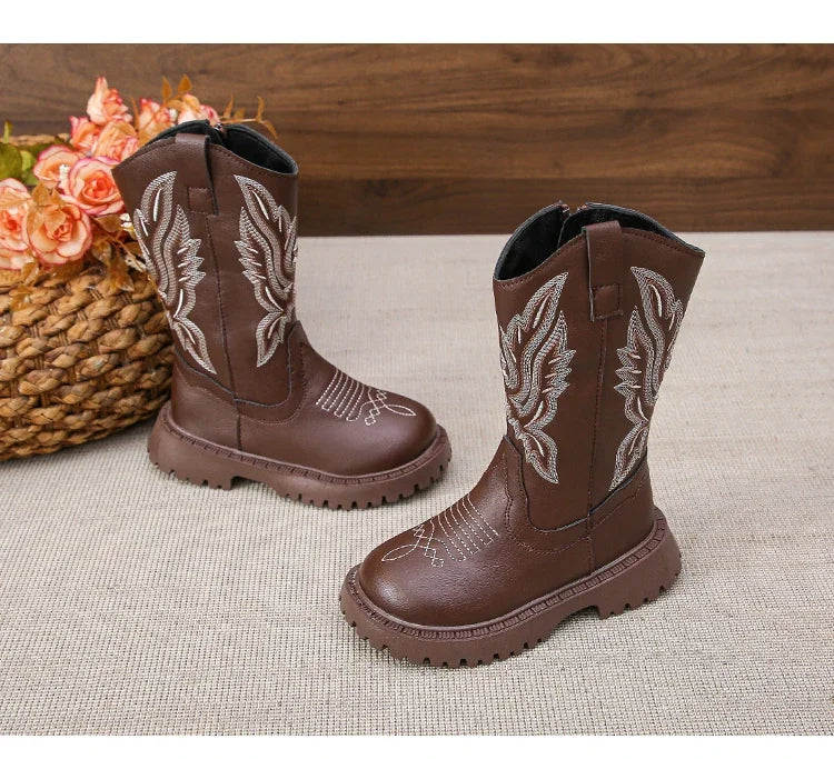 Children Leather Boots Classic Cowboy Embroidery Girls Long Booties Kids Winter Round Toe Soft Snow Shoes Fashion Snow Boots - CB072