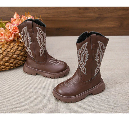 Children Leather Boots Classic Cowboy Embroidery Girls Long Booties Kids Winter Round Toe Soft Snow Shoes Fashion Snow Boots - CB072