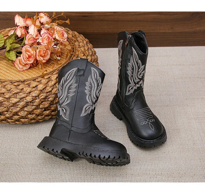 Children Leather Boots Classic Cowboy Embroidery Girls Long Booties Kids Winter Round Toe Soft Snow Shoes Fashion Snow Boots - CB072