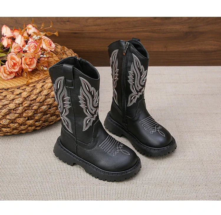 Children Leather Boots Classic Cowboy Embroidery Girls Long Booties Kids Winter Round Toe Soft Snow Shoes Fashion Snow Boots - CB072