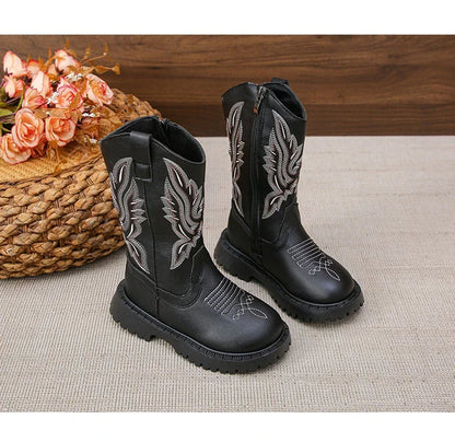 Children Leather Boots Classic Cowboy Embroidery Girls Long Booties Kids Winter Round Toe Soft Snow Shoes Fashion Snow Boots - CB072