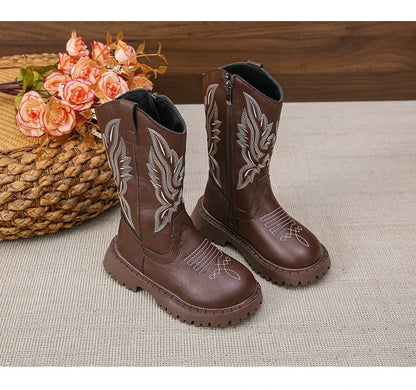 Children Leather Boots Classic Cowboy Embroidery Girls Long Booties Kids Winter Round Toe Soft Snow Shoes Fashion Snow Boots - CB072