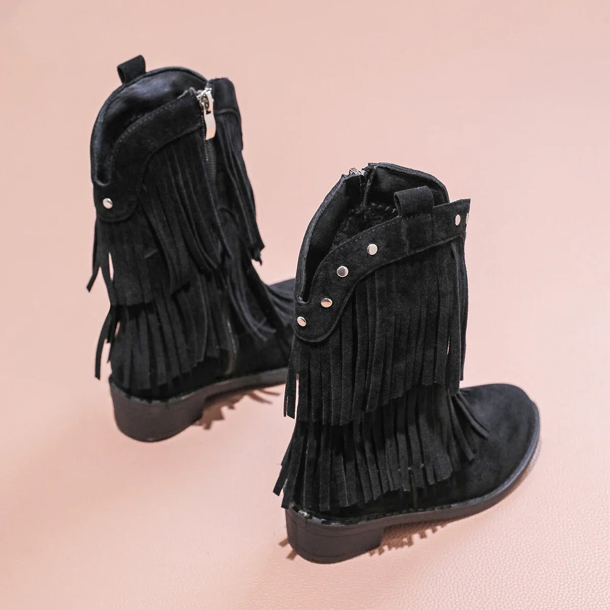 Children's Fashion Black Fringe Cowboy Boots - Suede Mid - Calf Boot with Studs and Side Zip for Girls Winter Shoe for Girl Kids - CB076