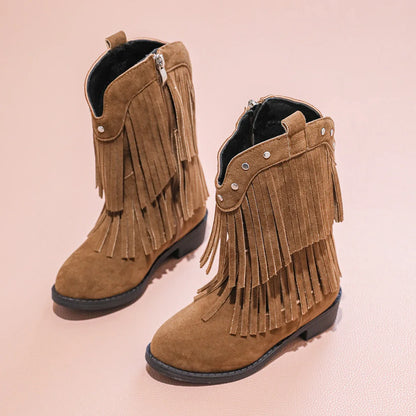 Children's Fashion Black Fringe Cowboy Boots - Suede Mid - Calf Boot with Studs and Side Zip for Girls Winter Shoe for Girl Kids - CB076