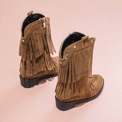 Children's Fashion Black Fringe Cowboy Boots - Suede Mid - Calf Boot with Studs and Side Zip for Girls Winter Shoe for Girl Kids - CB076