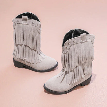 Children's Fashion Black Fringe Cowboy Boots - Suede Mid - Calf Boot with Studs and Side Zip for Girls Winter Shoe for Girl Kids - CB076