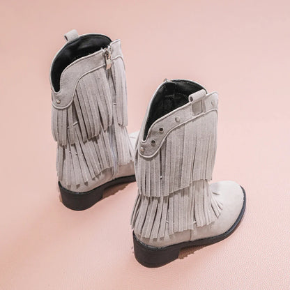 Children's Fashion Black Fringe Cowboy Boots - Suede Mid - Calf Boot with Studs and Side Zip for Girls Winter Shoe for Girl Kids - CB076