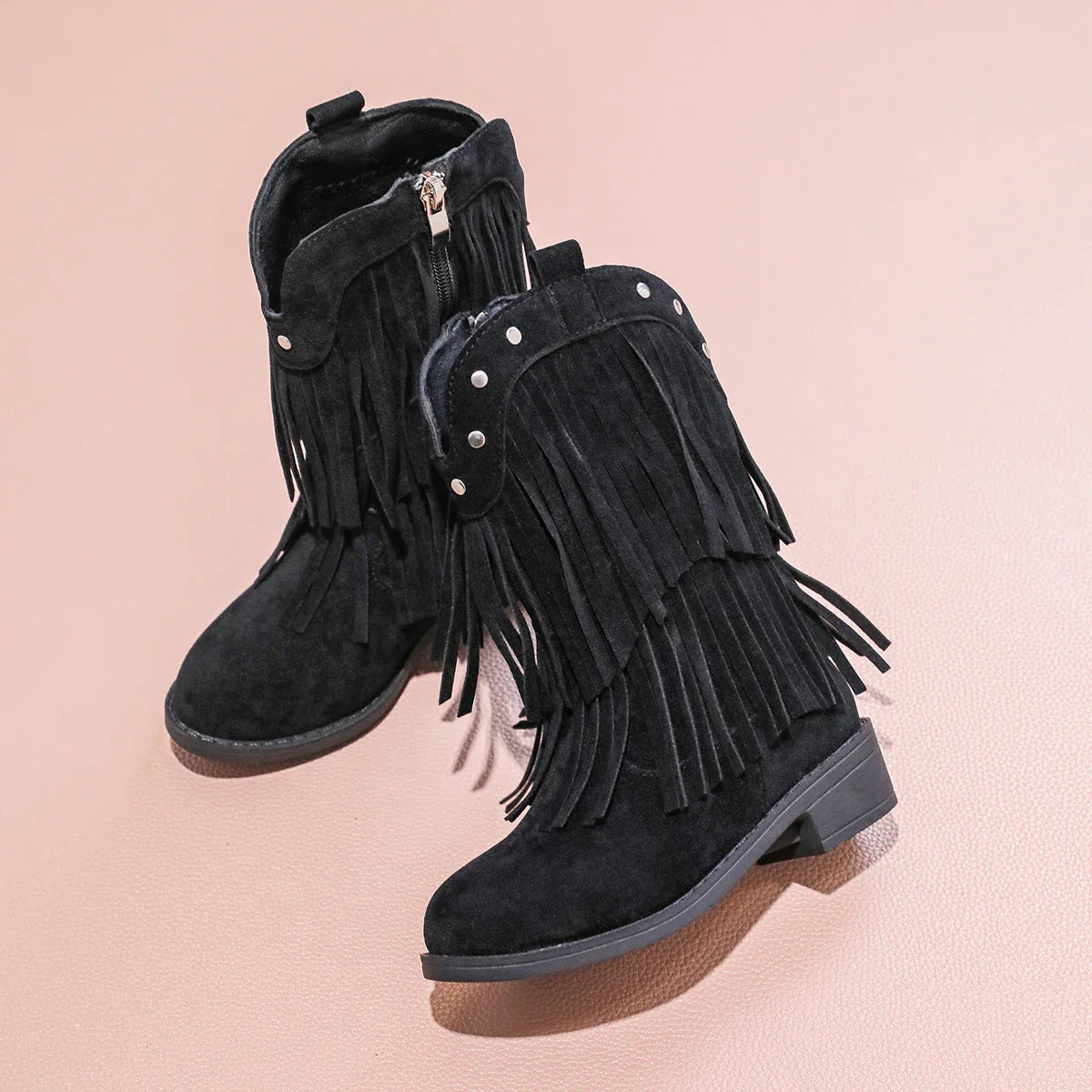 Children's Fashion Black Fringe Cowboy Boots - Suede Mid - Calf Boot with Studs and Side Zip for Girls Winter Shoe for Girl Kids - CB076