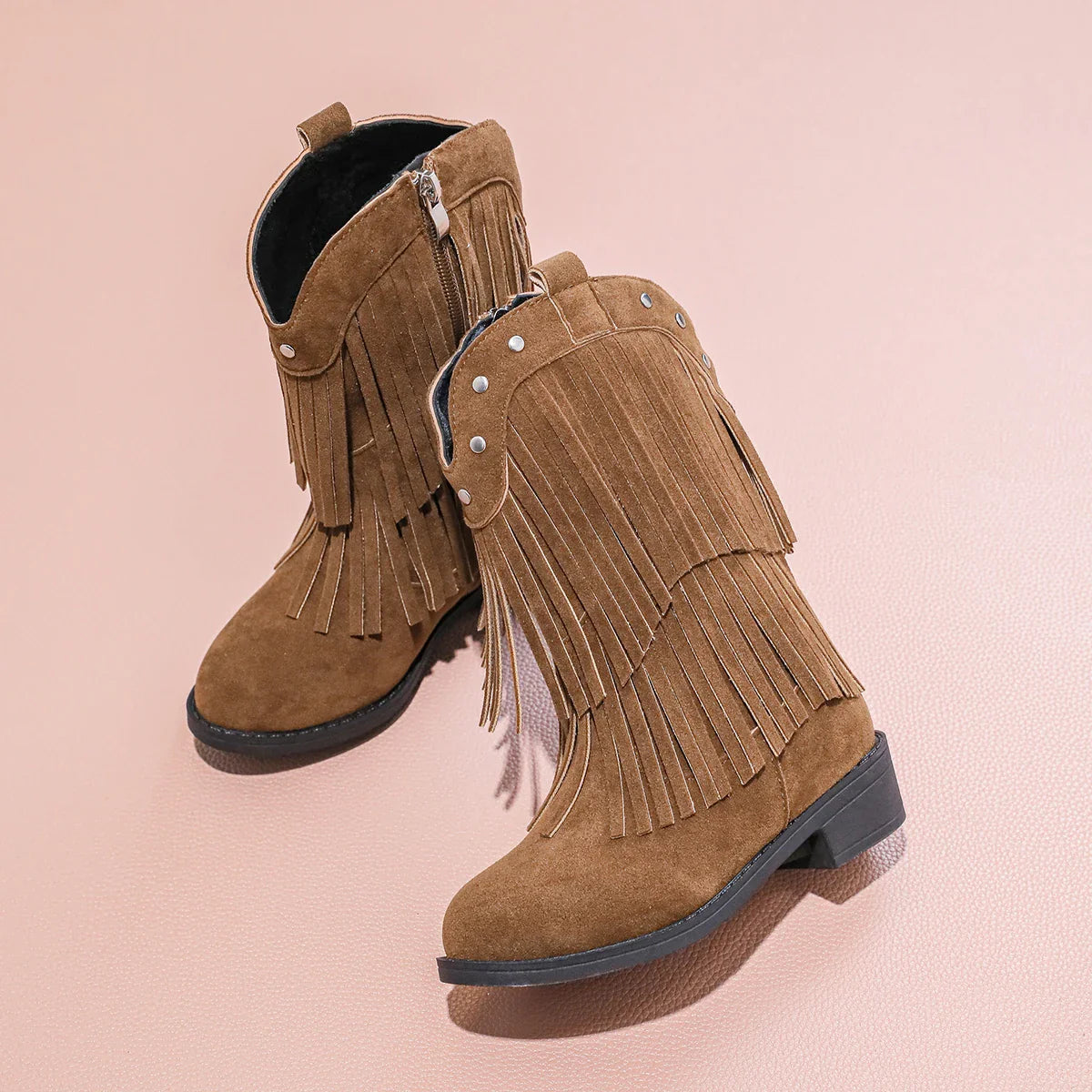 Children's Fashion Black Fringe Cowboy Boots - Suede Mid - Calf Boot with Studs and Side Zip for Girls Winter Shoe for Girl Kids - CB076