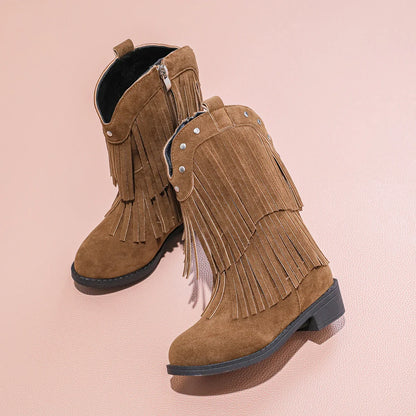Children's Fashion Black Fringe Cowboy Boots - Suede Mid - Calf Boot with Studs and Side Zip for Girls Winter Shoe for Girl Kids - CB076