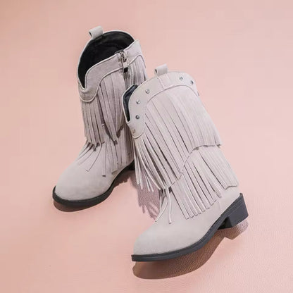 Children's Fashion Black Fringe Cowboy Boots - Suede Mid - Calf Boot with Studs and Side Zip for Girls Winter Shoe for Girl Kids - CB076