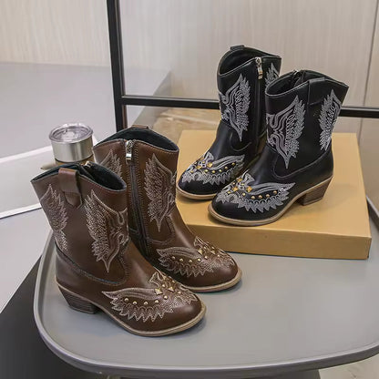 Children's Fashion Boots Kids Western Cowboy Boots Embroidered Anti Slip Leather Ankle Boot with Studs Shoes for Kids Girls - CB073