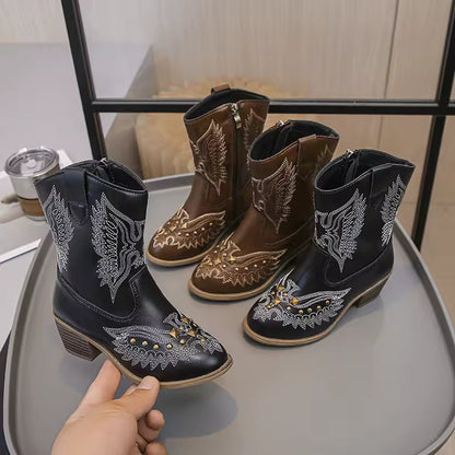 Children's Fashion Boots Kids Western Cowboy Boots Embroidered Anti Slip Leather Ankle Boot with Studs Shoes for Kids Girls - CB073