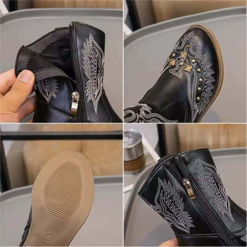 Children's Fashion Boots Kids Western Cowboy Boots Embroidered Anti Slip Leather Ankle Boot with Studs Shoes for Kids Girls - CB073