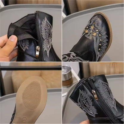 Children's Fashion Boots Kids Western Cowboy Boots Embroidered Anti Slip Leather Ankle Boot with Studs Shoes for Kids Girls - CB073
