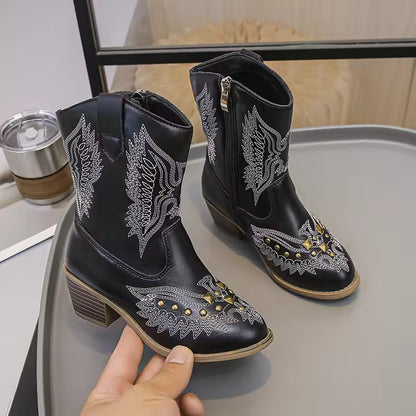 Children's Fashion Boots Kids Western Cowboy Boots Embroidered Anti Slip Leather Ankle Boot with Studs Shoes for Kids Girls - CB073