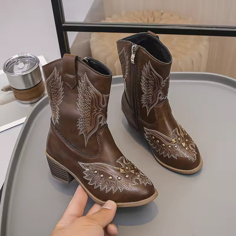 Children's Fashion Boots Kids Western Cowboy Boots Embroidered Anti Slip Leather Ankle Boot with Studs Shoes for Kids Girls - CB073