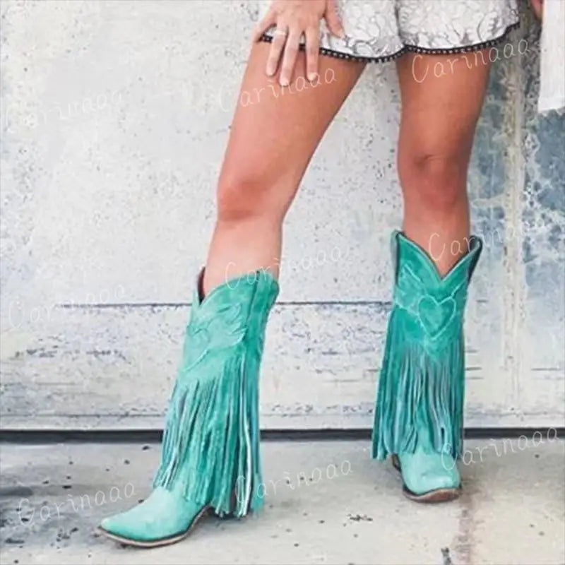 Cowboy Boots Shoes For Women PU New Tassel Chunky Heels Pointed Toe Green Red Western Boots Fashion Slip-on Wedge Boots Female - CB032
