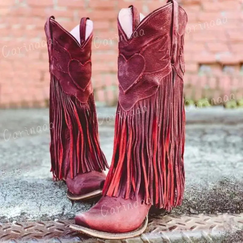 Cowboy Boots Shoes For Women PU New Tassel Chunky Heels Pointed Toe Green Red Western Boots Fashion Slip-on Wedge Boots Female - CB032