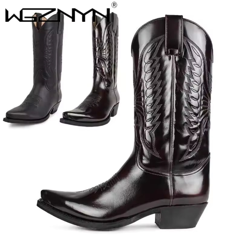 Cowboy Mid-calf Boots Men Woman Punk Goth Pointed Western Boot Retro Fashion Black Plus Size 35-48 Women Shoes Zapatos Hombre - CB048
