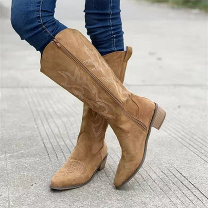 Embroidered Western Cowboy Boots for Women Autumn Pointed Toe Thick Heel High Knee Boots Woman Loose PU Leather Long Botas Mujer - CB023