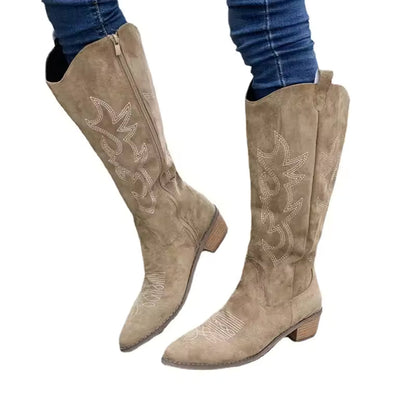 Embroidered Western Cowboy Boots for Women Autumn Pointed Toe Thick Heel High Knee Boots Woman Loose PU Leather Long Botas Mujer - CB023