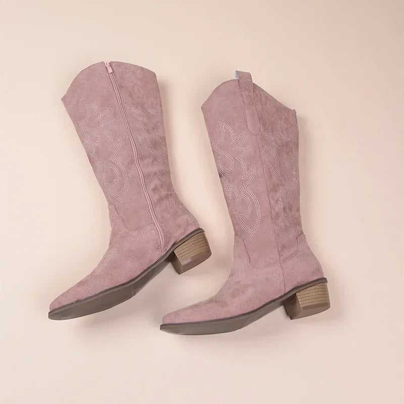 Embroidered Western Cowboy Boots for Women Autumn Pointed Toe Thick Heel High Knee Boots Woman Loose PU Leather Long Botas Mujer - CB023