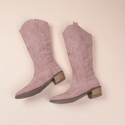 Embroidered Western Cowboy Boots for Women Autumn Pointed Toe Thick Heel High Knee Boots Woman Loose PU Leather Long Botas Mujer - CB023