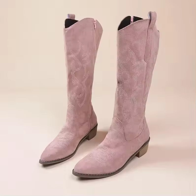 Embroidered Western Cowboy Boots for Women Autumn Pointed Toe Thick Heel High Knee Boots Woman Loose PU Leather Long Botas Mujer - CB023